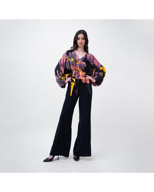 BLUZAT Blue Printed Blouse With Flared Sleeves And V-Neck