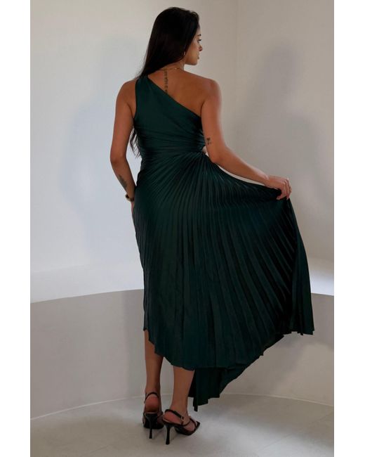 Girl In Mind Green Aoife One Shoulder Pleated Midi Dress Emerald