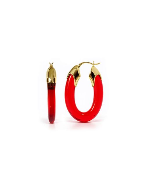 Gold & Honey Red Ruby Carved Oval Lucite Birthstone Hoop Earrings
