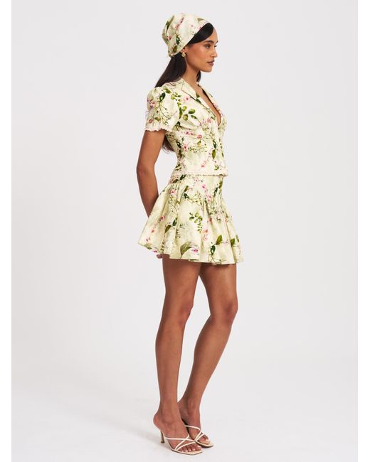Miss Circle New York Green Zanella Floral Print Lace Trim Linen Top