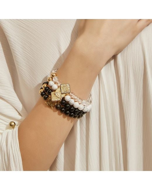 Aurozia Black Three Charms Solar Meridian Plated Sundial And The Sun Coin Golden Obsidian Beaded Bracelet
