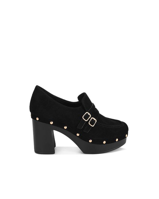 Rag & Co Black Aureva Square Toe Loafer Platform Heels Suede By Rag & Co