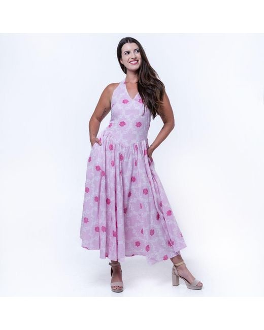 House of Gl Pink Padmae Hand-Block Cotton Halter Neck Midi Floral Dress