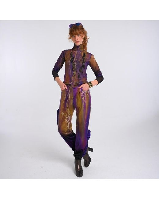 Lalipop Design Purple Abstract Printed Semi-Sheer Tulle Top