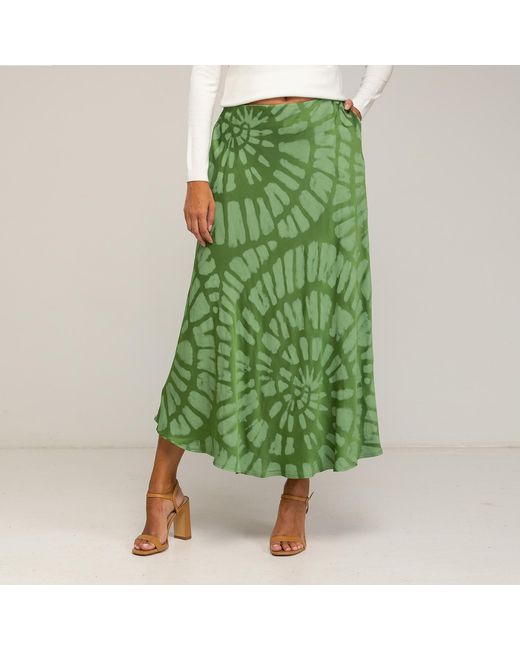 Tantra Spain Sl Green Midi Skirt With Silk, Geometric Print, Flare, And Elastic Waistband