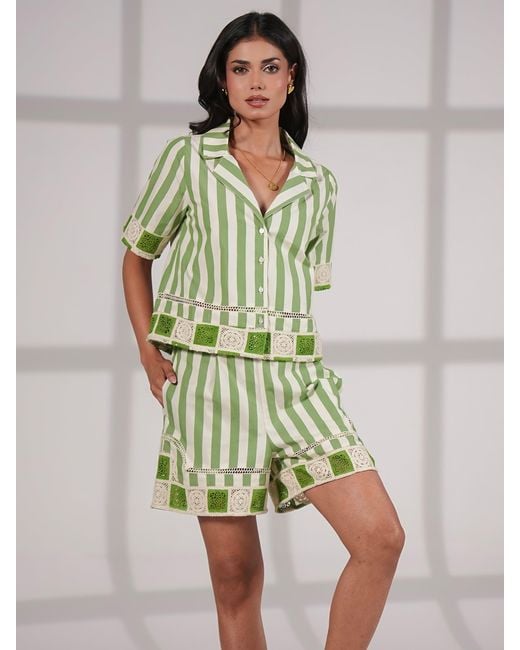 Rose & Nancy Green Helena Stripe Crochet Trim Cotton Resort Shirt