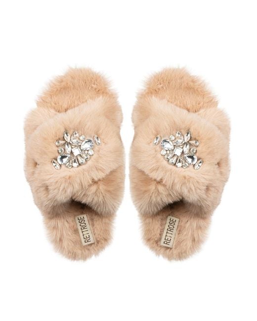 Rettrose Natural Neutrals Audrey Mink Luxury Plush Diamanté Embellished Handmade Slipper