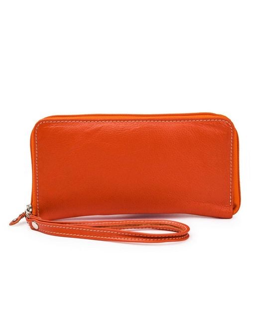Hides Leather Co. Orange Elegant Zip Around Leather Wallet, Handmade Slim Organizer Clutch