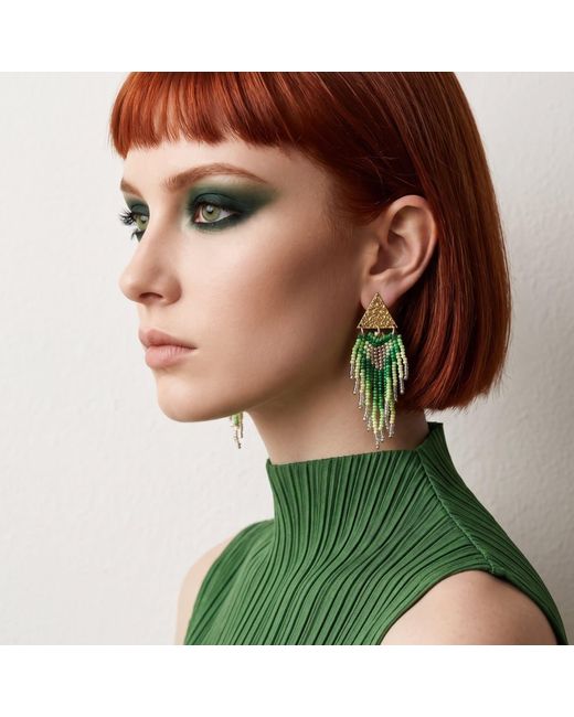 Iliana Arrazola Green Triangle Fringe Earrings