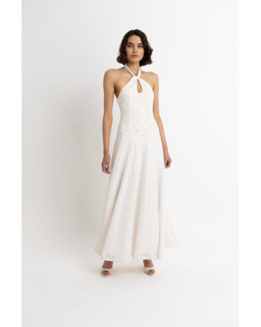 Amy Lynn White Gaia Cream Crochet Halterneck Maxi Dress