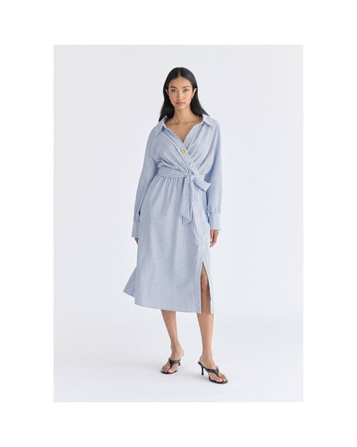 Paisie Blue Wrap Midi Shirt Dress With Metallic Button Details