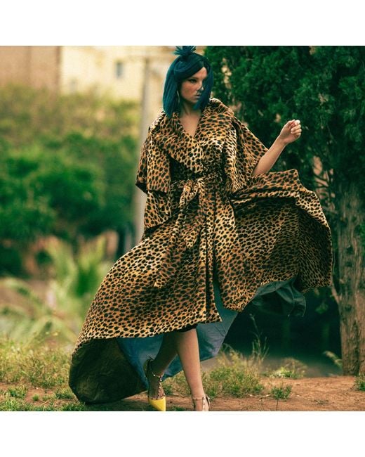 Miro Misljen Brown Leopard Print Dramatic Wrap Cape Coat