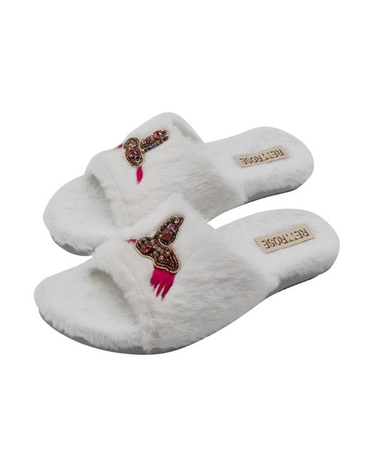 Rettrose White Neutrals Ariella Cream Luxury Plush Diamanté Embellished Handmade Slipper