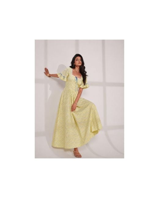 Rose & Nancy Yellow Mori Lemon Print Maxi Dress