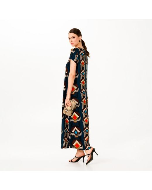 HOUSE of AZOiiA Blue Geometric Print Viscose Kaftan Dress