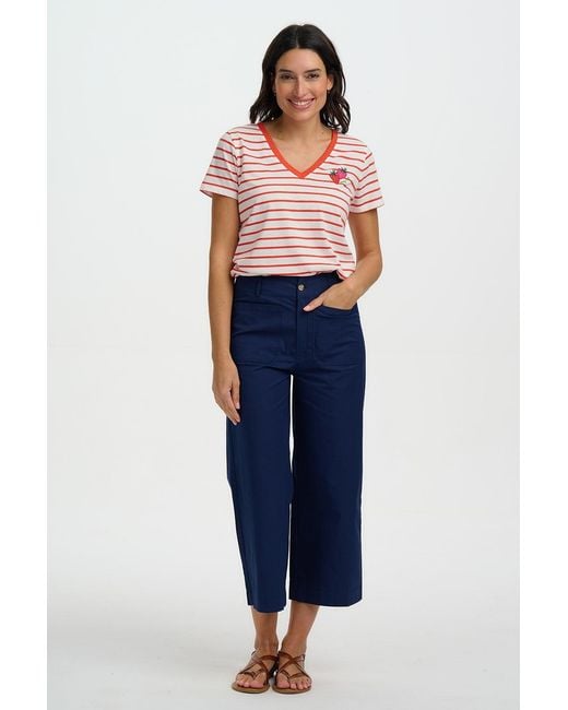 Sugarhill Pink Khloe V-Neck T-Shirt, Off Stripe, Strawberry