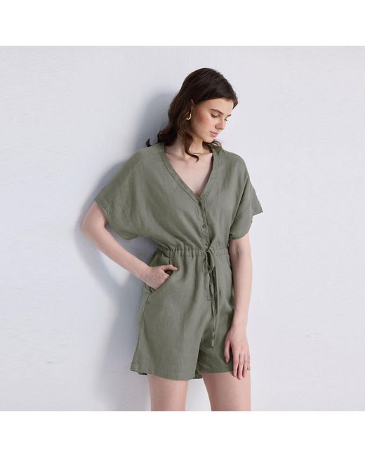 REISTOR Green V Neck Drawstring Romper