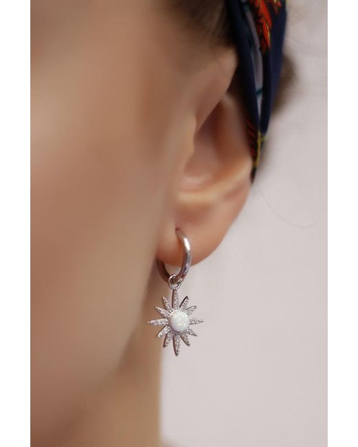 Spero London Drop Hoop Sun White Opal Earring Sterling