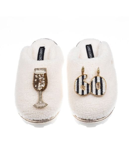Laines London White Teddy Closed Toe Slippers With Stripe 60Th Birthday & Champagne Glass Brooches