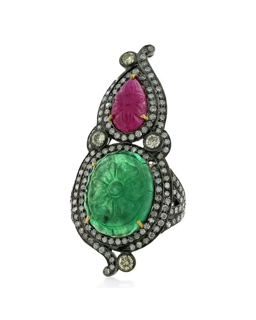 Artisan Green 18k Gold Silver With Carved Ruby & Emerald Pave Diamond Antique Knuckle Ring