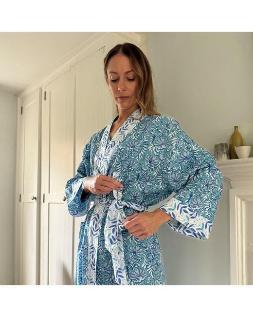 Lime Tree Design Blue Cotton Full Length Kimono