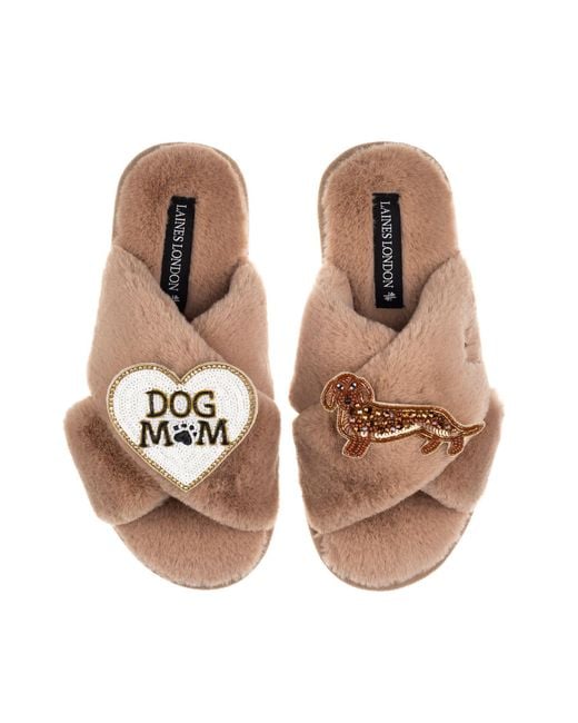 Laines London Brown Neutrals Classic Laines Slippers With Dog Mum/Mom & Dachshund Brooches