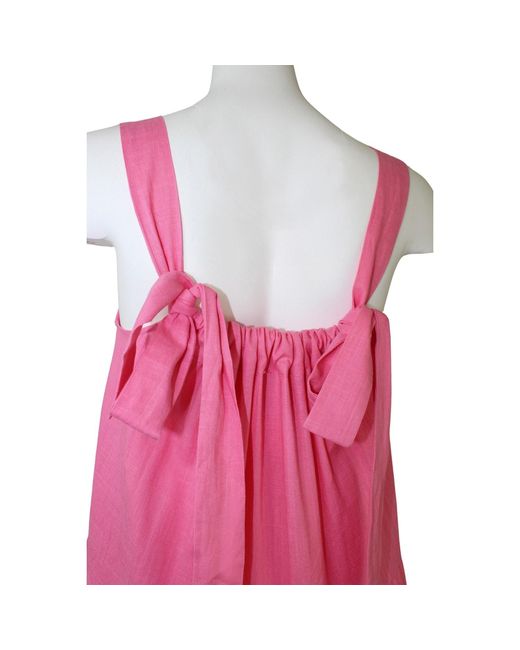 Zenzee Pink Cotton Linen Gathered Strap Tiered Dress