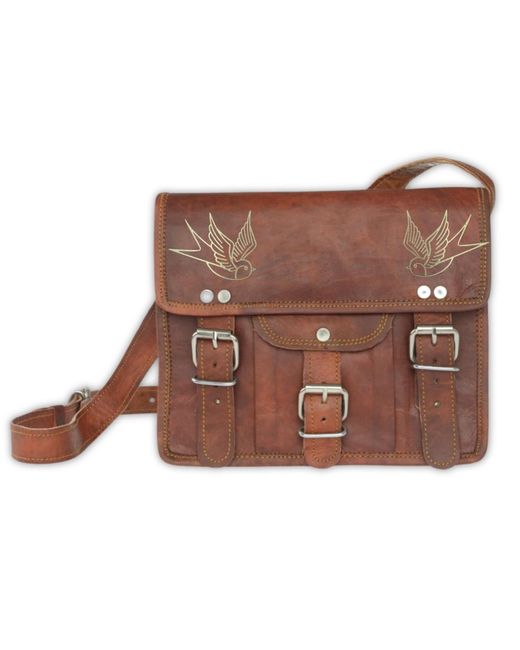 VIDA VIDA Brown Leather Satchel With Swallow Tattoo