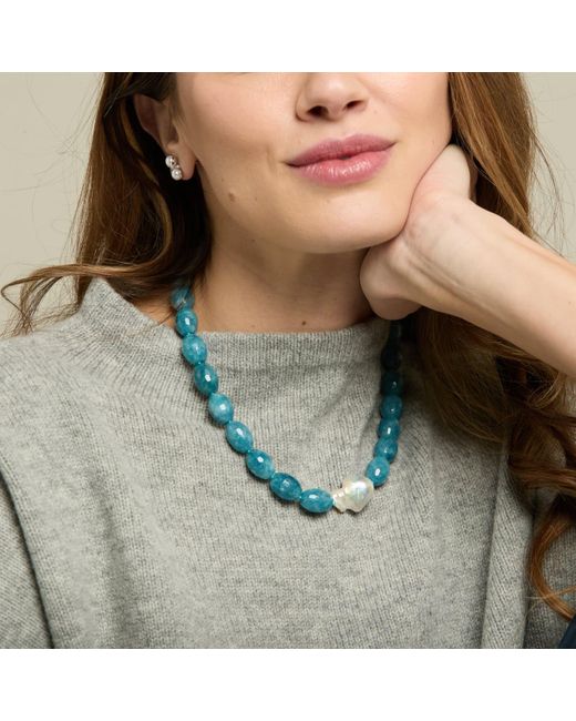 Pearls of the Orient Online Blue Clara Chunky Faceted Aquamarine Necklace With Central Cultured Freshwater Pearl