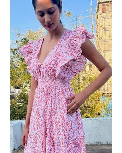 La Mandarine Pink Floral Summer Maxi Dress, Frilled Sleeve Cotton Summer Dress With Pockets, Coralie