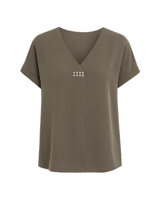 Conquista Green Khaki V Neck Top With Metallic Motif