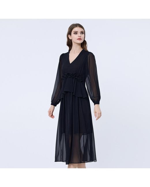 Smart and Joy Black Long Ruffle Chiffon Dress