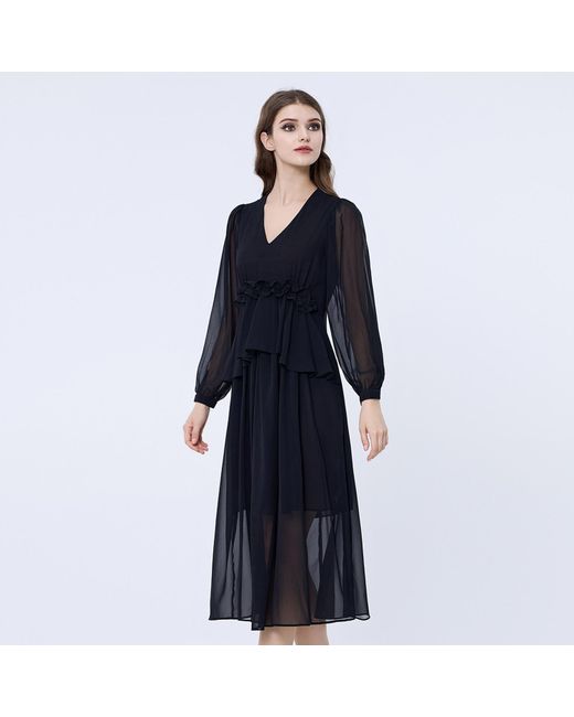 Smart and Joy Black Long Ruffle Chiffon Dress