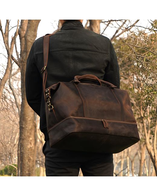 Touri Brown Leather Weekend Bag With Suit Compartment for men