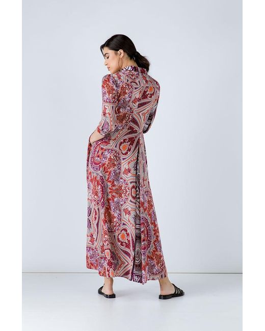 Conquista Red Print Maxi Dress With Buttons