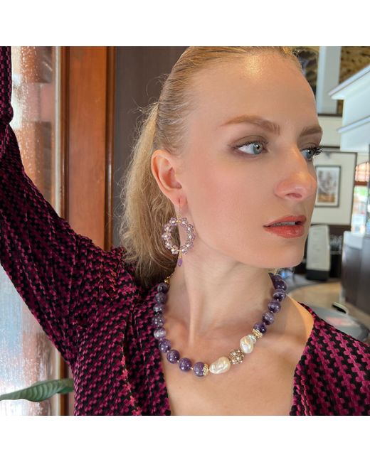 Farra Blue Amethyst With Baroque Pearls Statement Necklace