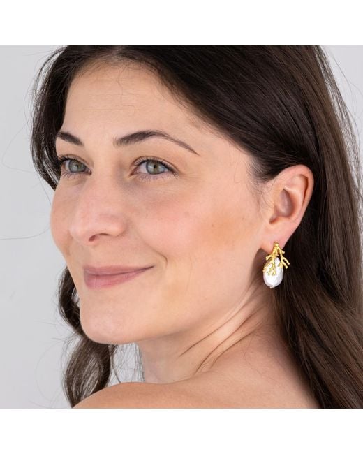 Oana Savu Metallic Coral Branch Earrings Freshwater Pearls Wedding Bridal Ear Studs