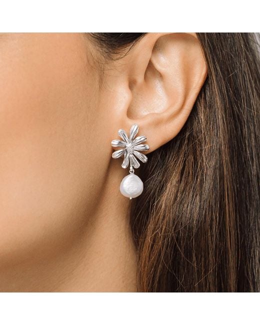 Lulu B London White Daisy Flower & Pearl Stud Drop Earrings