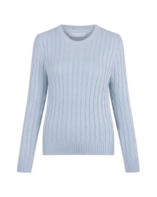Paul James Knitwear Blue Cotton Taylor Cable Crew Neck Jumper