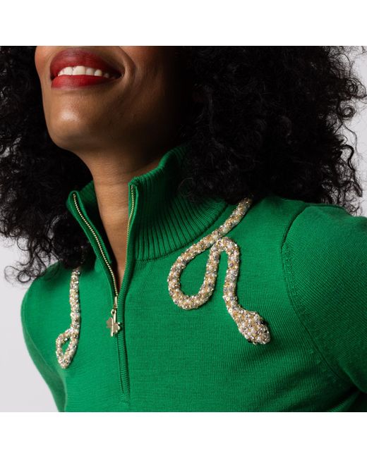 Laines London Green Laines Couture Quarter Zip Jumper With Embellished Crystal & Pearl Snake