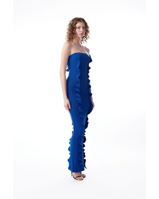 No'design Blue Ruffled Strapless Maxi Dress