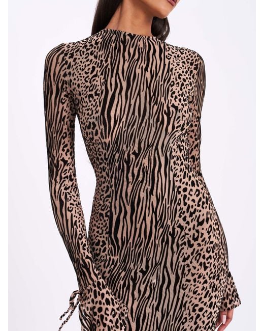 Miss Circle New York Gray Neutrals Waylynn Nude Animal Print Burnout Velvet Detail Mesh Backless Maxi Dress