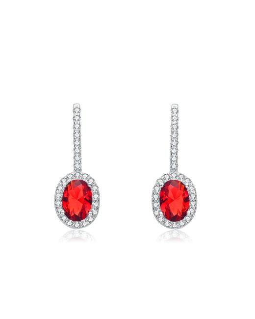 Genevive Jewelry Red Ruby Cubic Zirconia Sterling Silver Rhodium Plated Oval Earrings