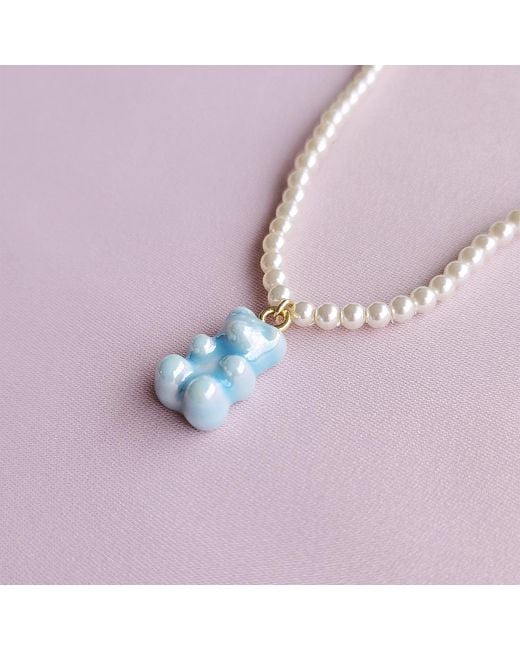 POPORCELAIN White Baby Porcelain Gummy Bear Swarovski Pearl Necklace