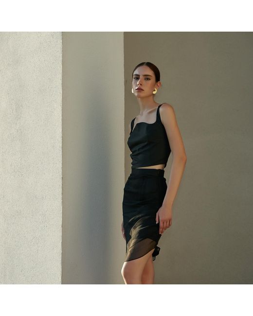 AVENUE No.29 Black Asymmetric Gathered Silk Midi Skirt
