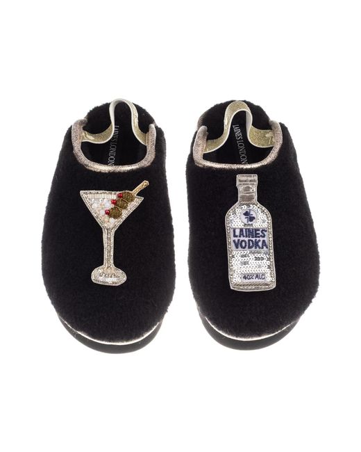 Laines London Black Flatform Cloud Closed Toe Slippers With Vodka Martini Brooches
