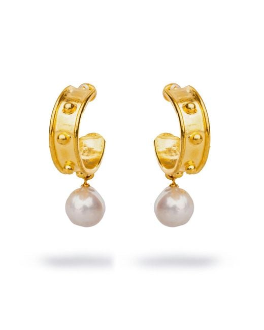 Ebru Jewelry Metallic Pearl Drop Gold Hoop Earrings