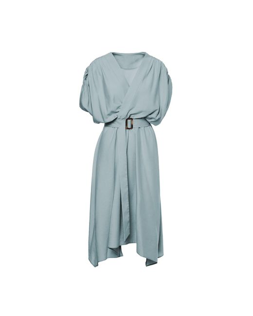 BLUZAT Blue Mint Linen Midi Dress With Belt