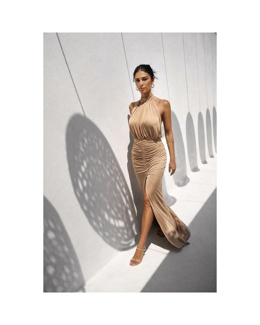 Monice London Natural Selene- Backless & Bra Friendly Halter Maxi Dress