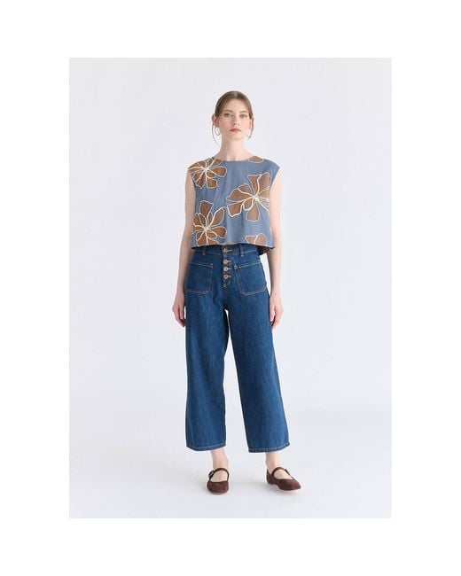 Paisie Blue Floral Embroidered Cropped Top